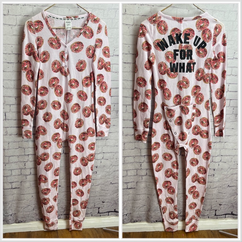 Pink by Victoria’s Secret long Jane pajama one piece size small pink donut print
